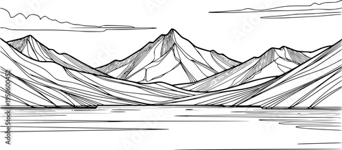Mountain lake landscape line drawing