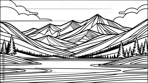 Mountain lake landscape line art
