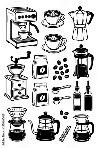 Coffee maker, cups, grinder, beans, french press, pour over
