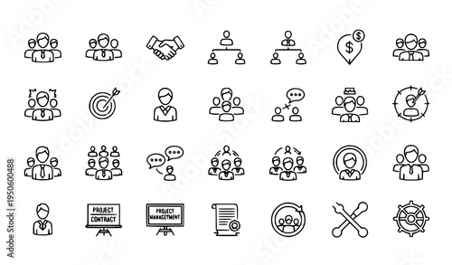 Stakeholder management line icon set with partnership teamwork investor communication and business relationship outline symbols