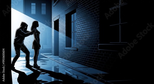 Hooded criminal attacking woman in dark city alley at night. Street crime scene with mugger grabbing victim. Danger, violence and personal safety concept in urban environment.