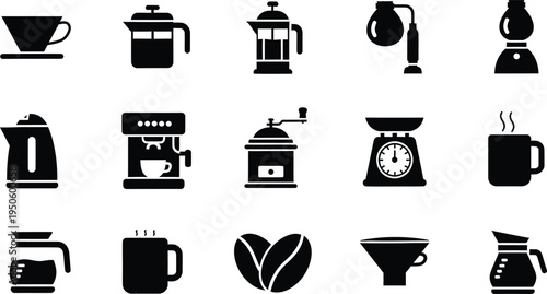 Coffee brewing icons set with espresso maker french press grinder kettle scale beans