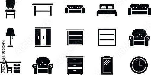 Furniture home interior icons set with chair table sofa bed cabinet desk mirror clock