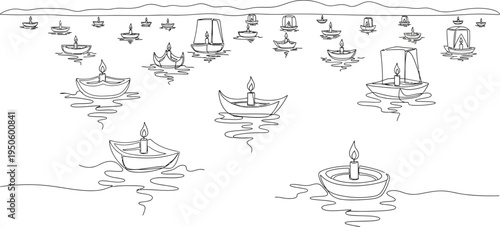boats on water, illustration, line art
