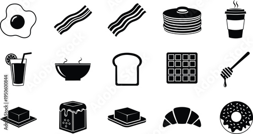 Breakfast food icons set with fried egg bacon pancakes coffee juice toast waffle honey