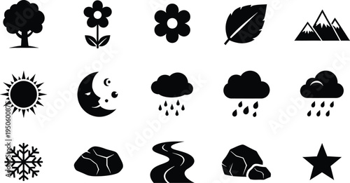 Nature landscape icons collection with tree flower leaf mountains sun moon cloud rain