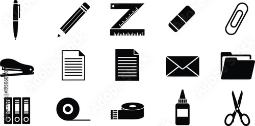 Office stationery icons collection with pen pencil ruler eraser paperclip stapler folder