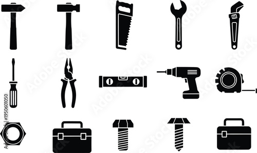 Hand tools icons collection with hammer saw wrench drill screwdriver pliers symbols