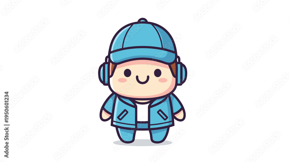 Fototapeta premium A cute cartoon character wearing a blue cap and headphones standing in a simple flat style design Vector