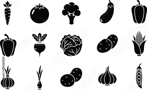 Fresh vegetable icons set with carrot tomato broccoli eggplant pepper beet cabbage corn
