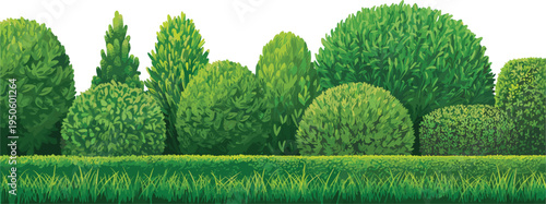 Vibrant green diverse bushes and trees with a neatly trimmed hedge and detailed grass in the foreground