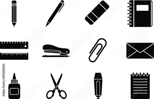 Office supplies icons set with pen notebook ruler eraser paperclip stapler tape
