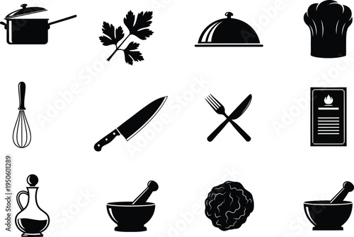 Culinary cooking icons collection with chef hat knife whisk pot herbs mortar
