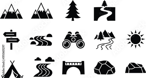 Adventure travel icons set with mountains trees compass camera tent sun symbols