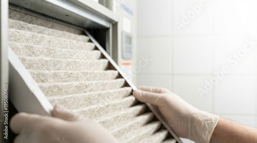 HVAC Filter Being Replaced by Gloved Hands Close-Up