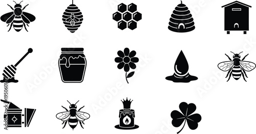 Beekeeping honey production icons collection with bee hive honeycomb