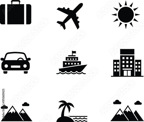 Travel transportation icons collection with airplane suitcase map sun