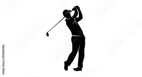 Man playing golf swinging club.