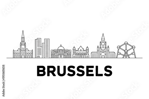 Brussels city skyline with famous buildings and ferris wheel illustration