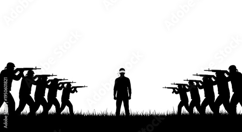 Man standing against armed group silhouette.