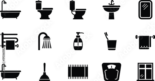 Bathroom interior icons set with toilet sink shower bathtub mirror accessories
