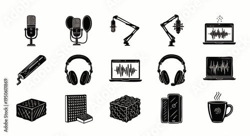 Collection of Hand-Drawn Icons Representing Podcasting and Audio Recording Equipment and Accessories