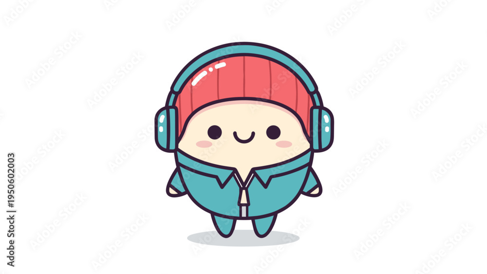 Fototapeta premium A cute cartoon character wearing a red beanie and blue headphones standing on a white background Vector