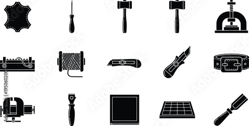 Leathercraft tools materials icons set with awl needle thread hammer hide