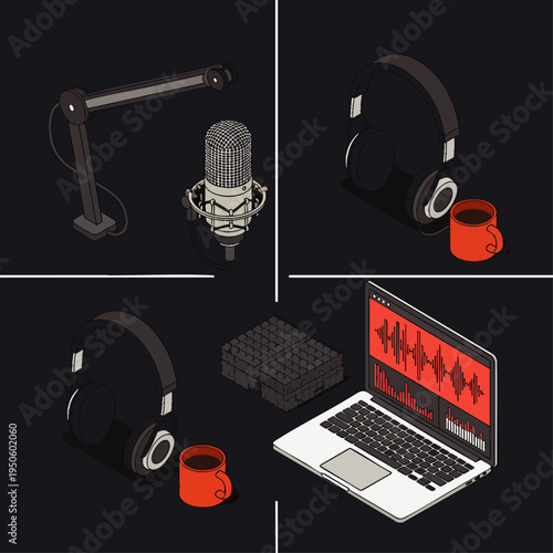 Isometric flat design concept of podcasting, audio recording, broadcasting, and home studio equipment setup. Modern digital content creation tools.