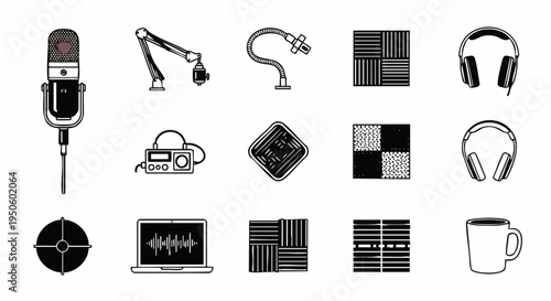 Audio Production and Podcasting Equipment Icons Set. Essential tools for sound recording studios, including microphones, headphones, and acoustic panels.