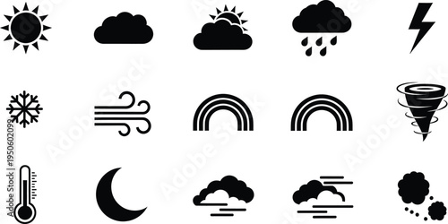 Weather forecast icons collection with sun clouds rain lightning snow wind rainbow