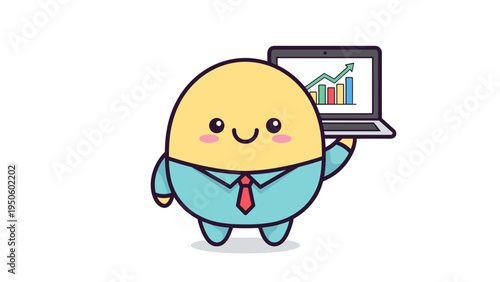 A cute cartoon character dressed in a business shirt holding a laptop with a rising graph on screen Vector