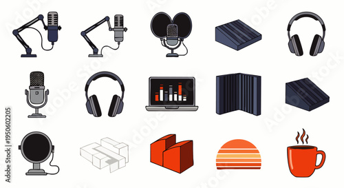 Set of icons for podcasting and audio recording: microphones, headphones, laptop, soundproofing panels, and coffee cup