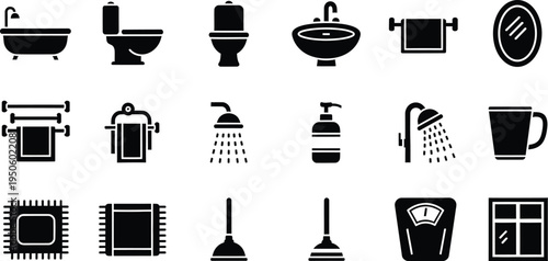 Bathroom household icons set with sink toilet shower tub mirror