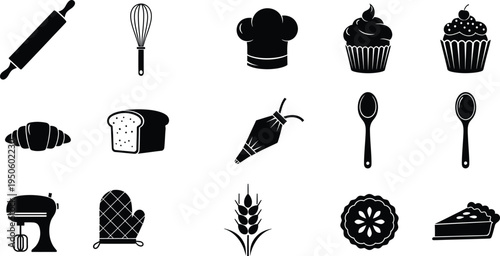 Baking pastry icons collection with rolling pin whisk chef hat cupcake bread