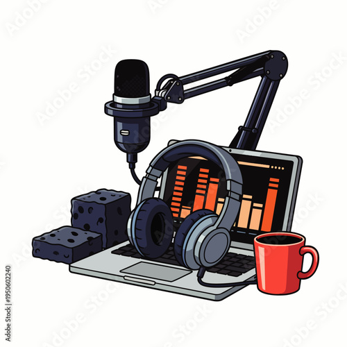 Modern podcasting setup featuring professional microphone, headphones, laptop with audio mixer, and coffee, ideal for content creators and online broadcasters.