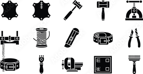 Leatherworking craft tools icons set with awl knife hammer stitching tools