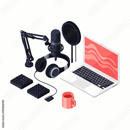 Podcast recording setup with microphone, headphones, laptop, and pop filter, isolated on white background