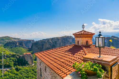 Bild auf Leinwand Sunny panoramic view of Meteora monasteries from Monastery of Varlaam, Thessaly,