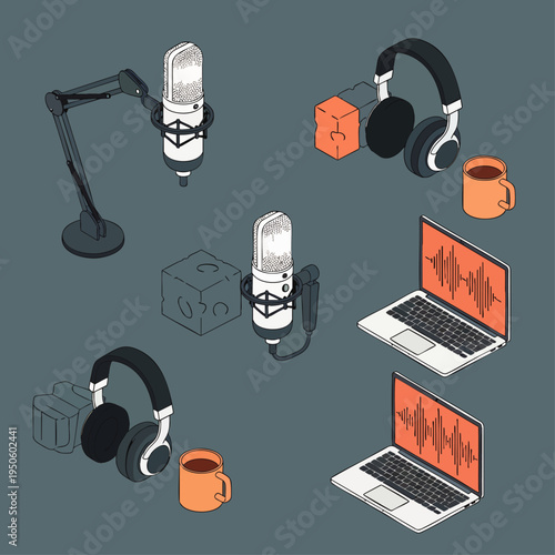 Isometric podcasting equipment set: microphones, headphones, laptops with sound waves, and coffee cups on a dark background