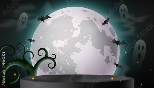 Halloween moon stage background with spooky ghosts, bats, twisted trees and dark mist in eerie 3D cartoon illustration style for horror display and festive design.