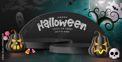 Halloween stage banner with glowing pumpkins, skull, candy, spooky tree and festive typography in dark 3D cartoon illustration style for horror celebration design.