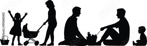 Silhouette of a family engaged in various activities including a child with a stroller, parents working with tools, and a young child playing