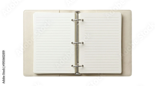Fotografi Open elegant ring binder planner with lined pages and cream leather cover on a t