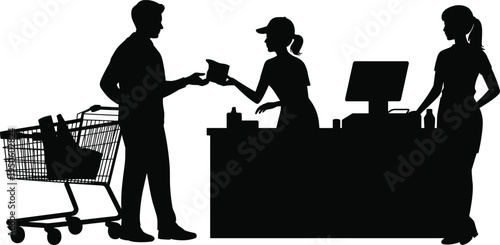 Silhouette of a man with a shopping cart interacting with a cashier at a checkout counter in a retail store environment