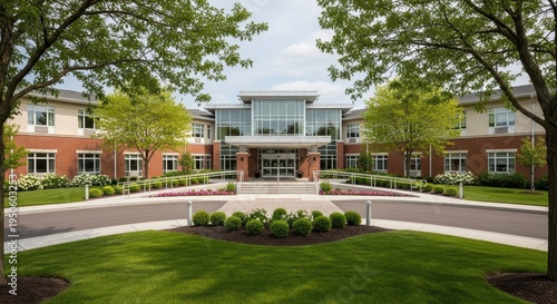Senior living homes options concept. Modern institutional building entrance with landscaped garden and circular driveway under blue sky.