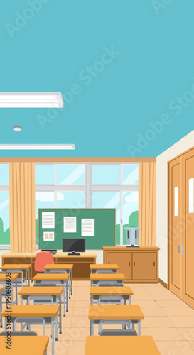 Empty Classroom Interior with Desks, Blackboard, and Windows - Back to School Concept