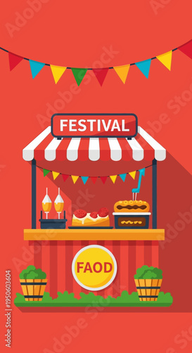 Festival Food Stall with Cake, Drinks, and Hot Dog on Red Background