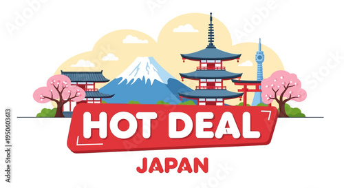 Hot Deal Japan Travel Banner with Mount Fuji, Pagoda, and Cherry Blossoms