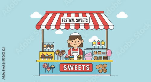 Happy Woman Selling Festival Sweets from a Colorful Stall